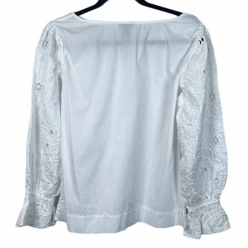 Ann Taylor Factory White Blouse W/ Embroidered Sleeves Sz XS - Picture 2 of 7